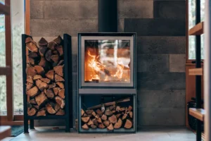 Poêle à granulés moderne installé dans un salon contemporain avec chauffage au bois