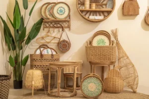 Salon décoré avec du rotin, cannage et fibres naturelles tendance 2026
